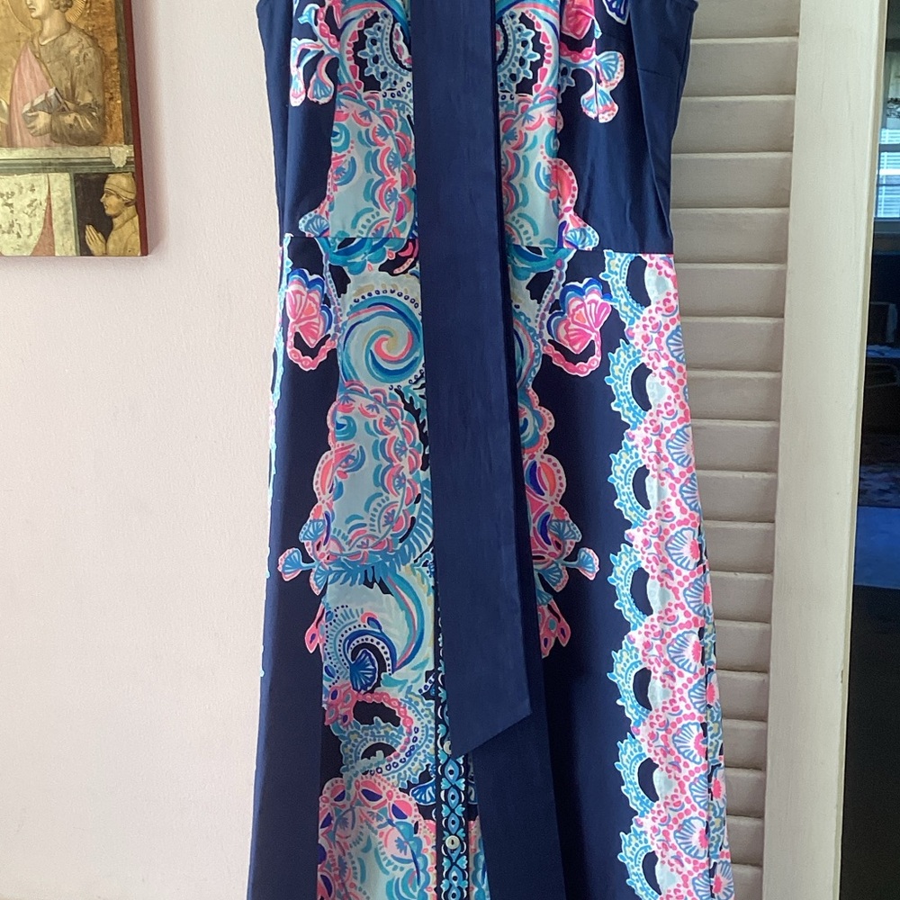 Lilly Pulitzer Navy Halter Maxi Dress with Pink & Aqua Paisley - Picture 4 of 6